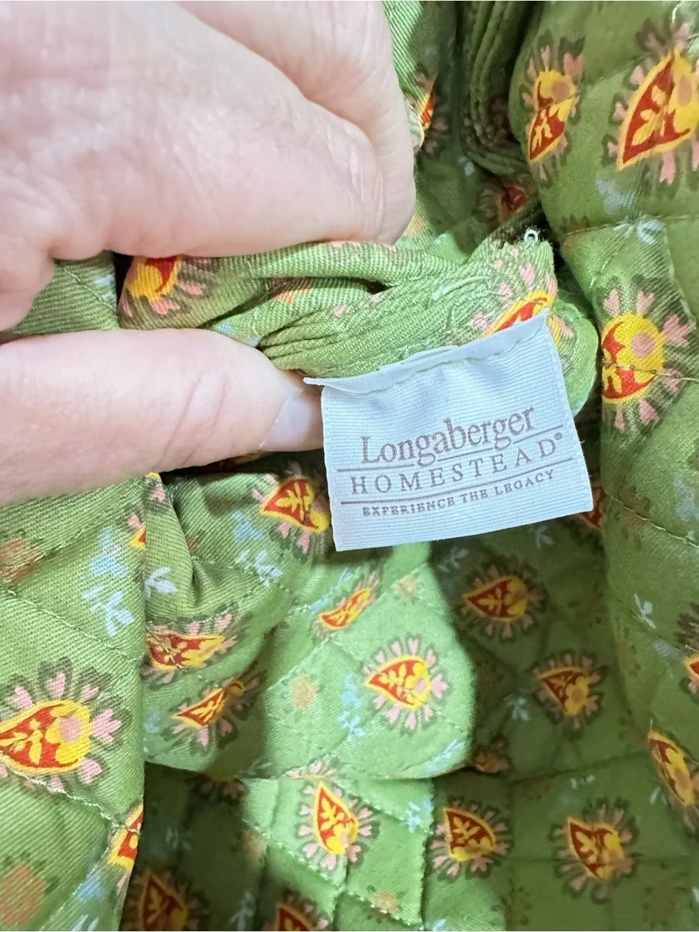 Longaberger Green Quilted Tote with Orange Floral Accents